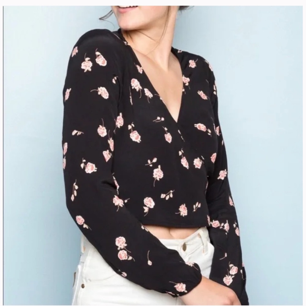 Brandy Melville John Galt Black Floral Coco Wrap Blouse